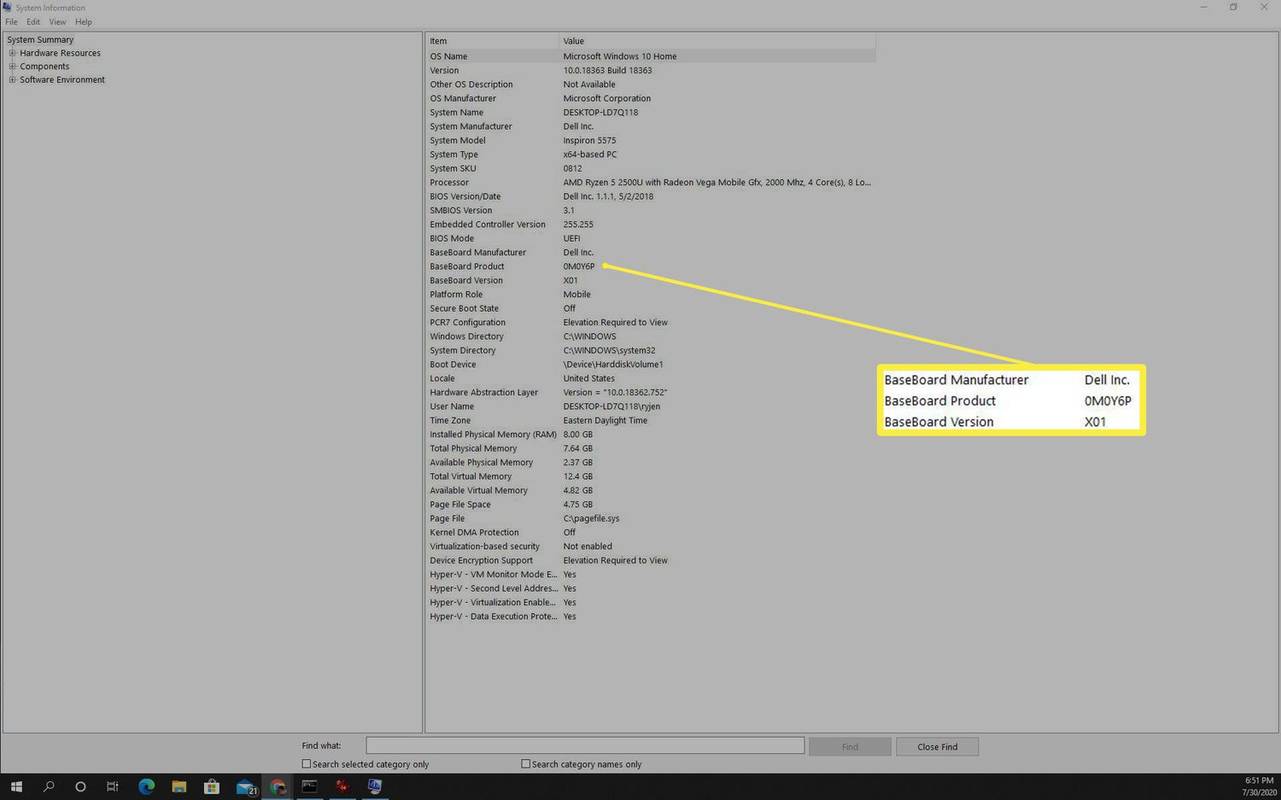 Screenshot ng impormasyon ng motherboard sa System Information.
