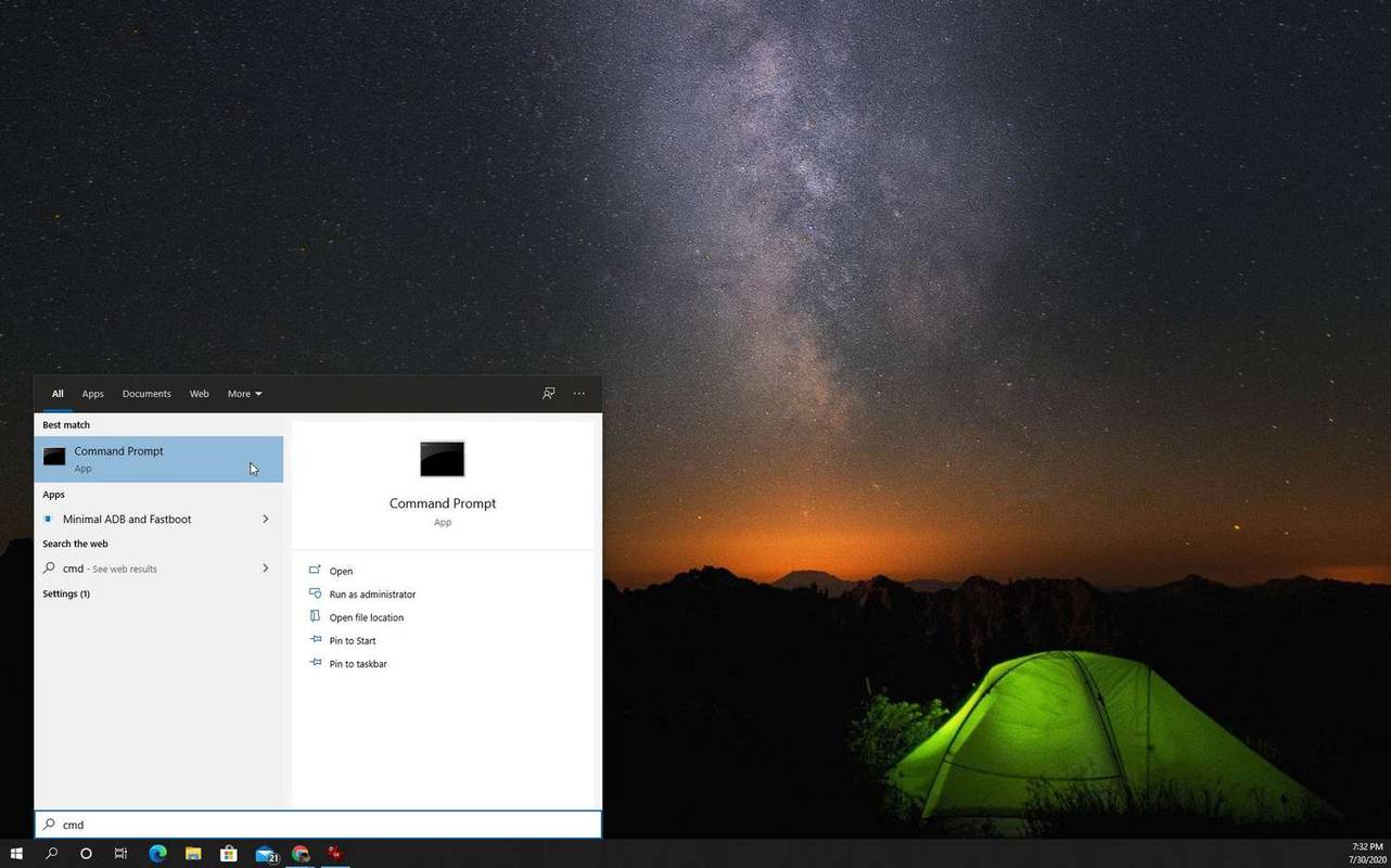 สกรีนช็อตของการเปิดพรอมต์คำสั่งใน Windows 10