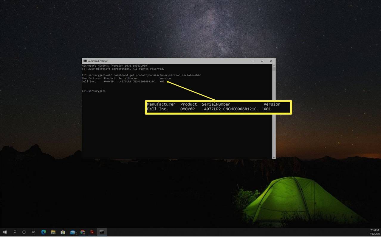 Снимок экрана с информацией о материнской плате WMIC в Windows 10.