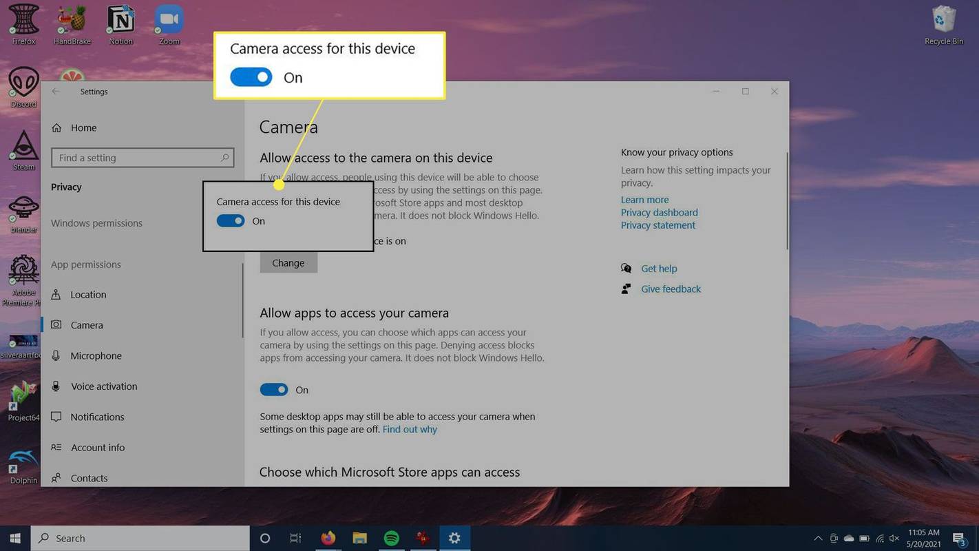 Uprawnienia aplikacji systemu Windows z podświetlonym dostępem do aparatu