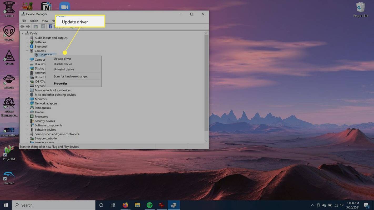 업데이트 드라이버가 강조 표시된 Windows 설정