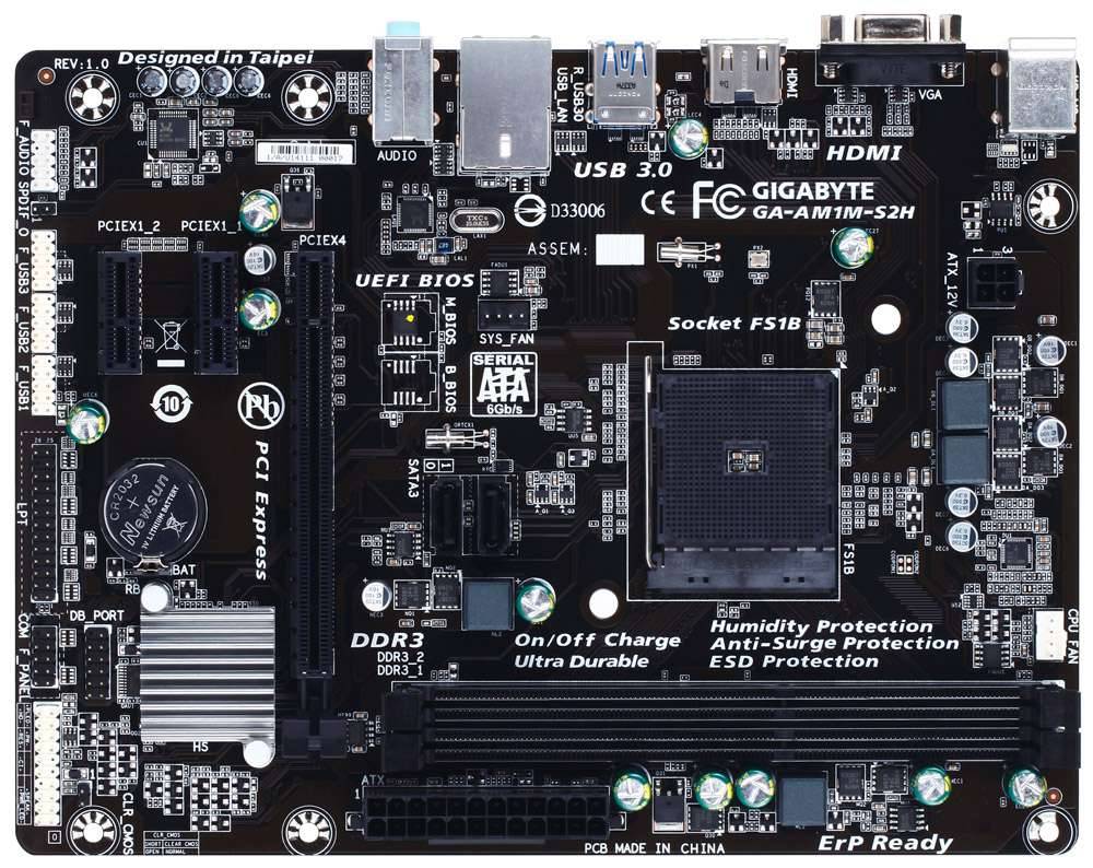 Φωτογραφία μιας μητρικής κάρτας Gigabyte AMD AM1 FS1b Socket HDMI D-Sub mATX (GA-AM1M-S2H)