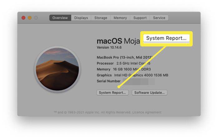 MacOS À propos de ce Mac avec le rapport système mis en surbrillance.