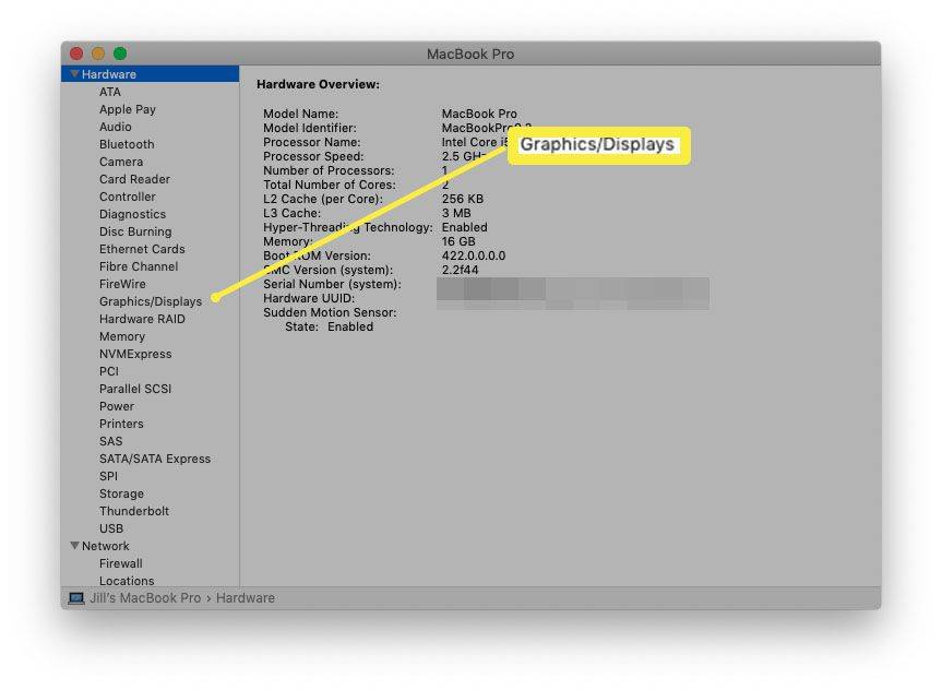 MacOS-järjestelmäraportti, jossa grafiikka/näytöt korostettuina.