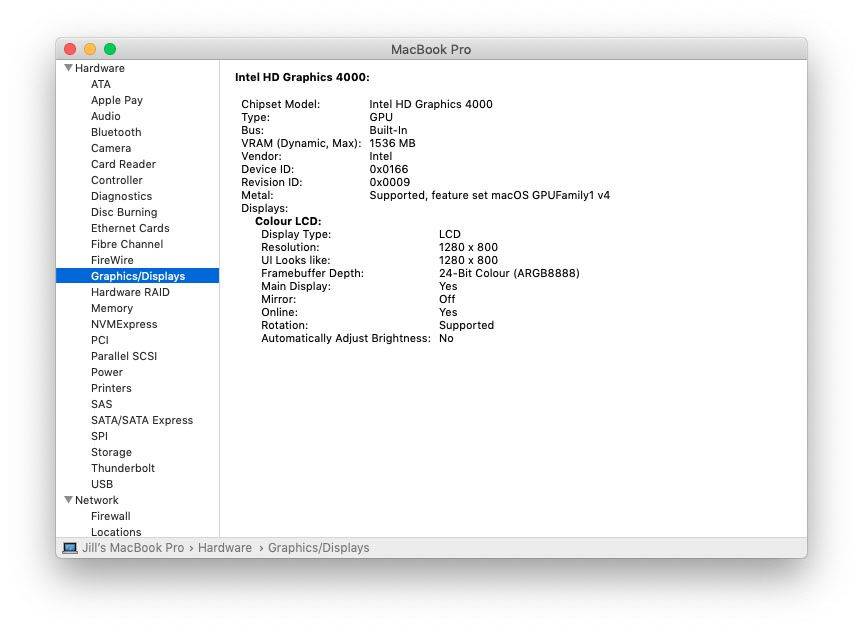 MacOS System Report Grafiikka/Näyttötiedot.