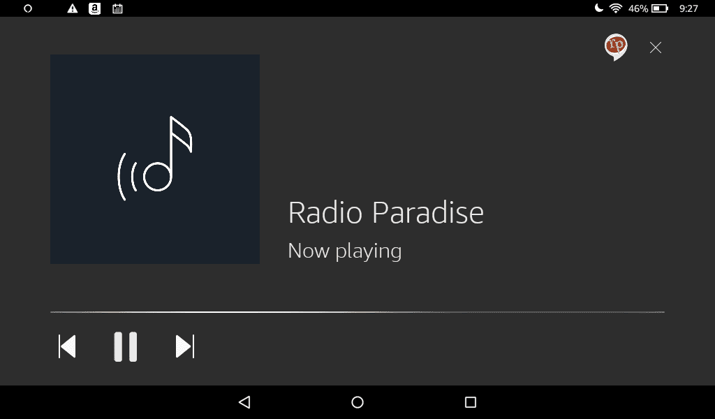 Alexa Radio Paradise Skill wird auf einem Fire Tablet abgespielt.