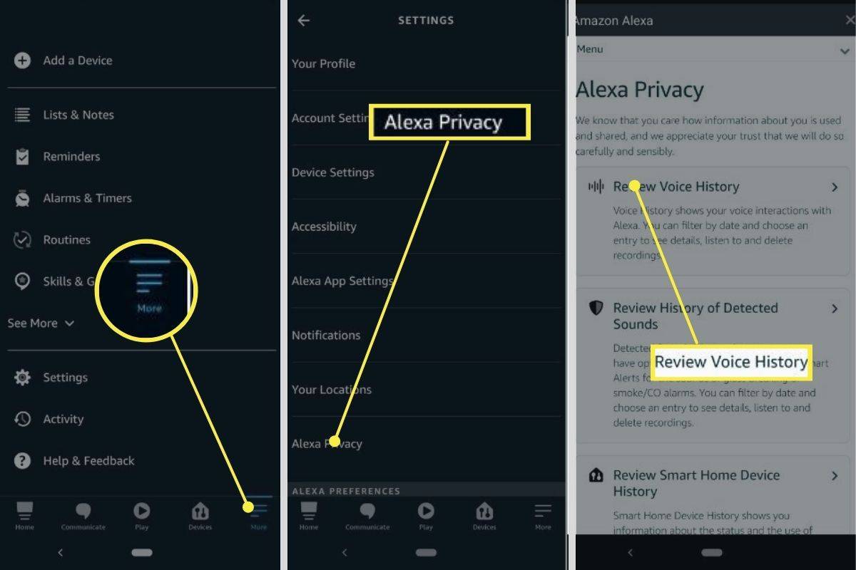 More>Quyền riêng tư của Alexa > Xem lại lịch sử giọng nói trong ứng dụng Alexa.