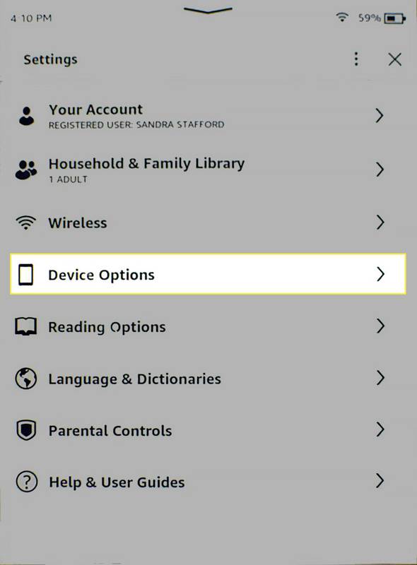 Tùy chọn thiết bị được đánh dấu trong phần Cài đặt của Kindle.