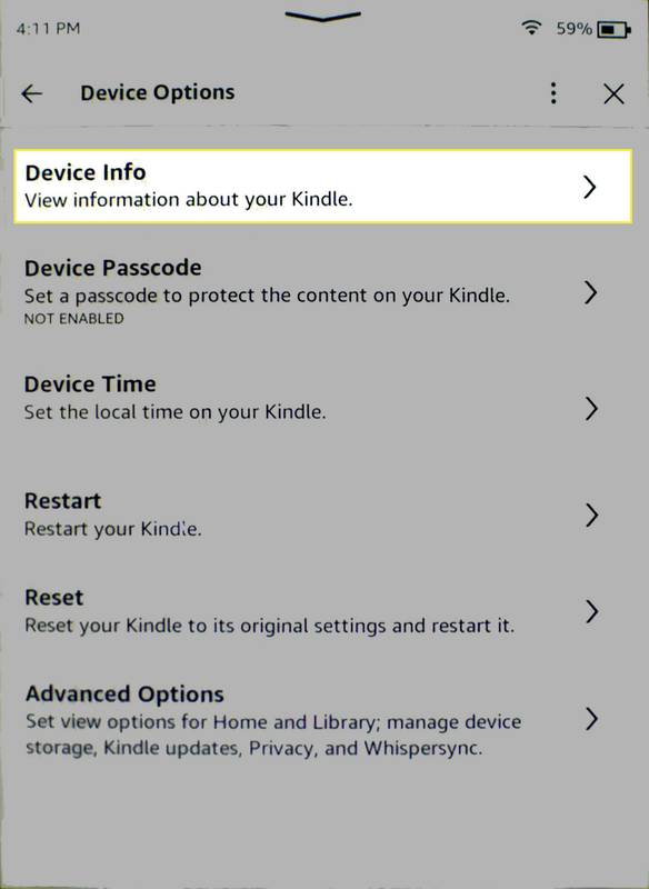 Element menu Informacje o urządzeniu podświetlony na Kindle.