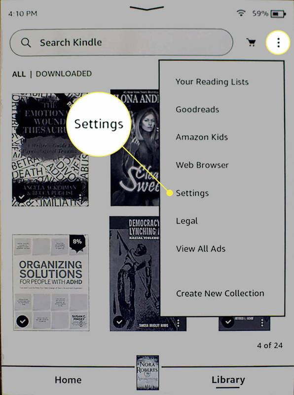 Menu chính trên Kindle với mục menu Cài đặt được tô sáng.