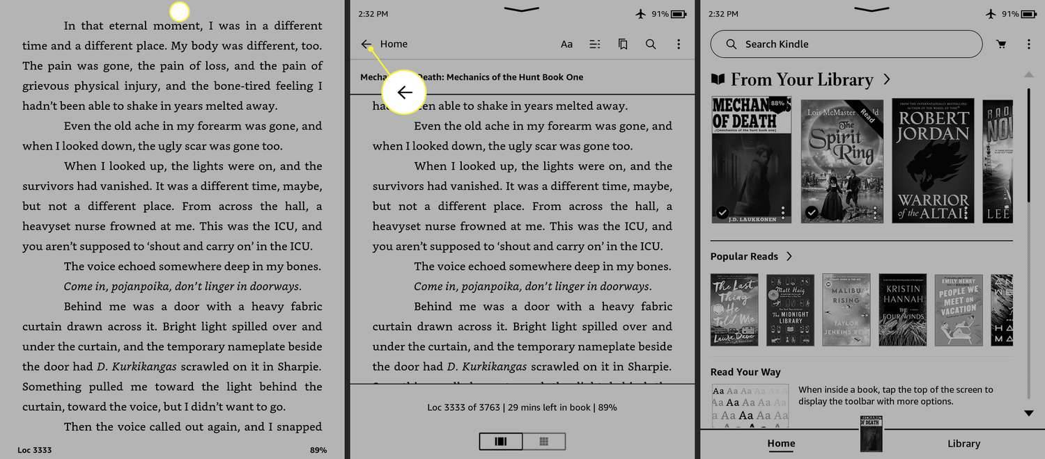 Langkah yang perlu diambil untuk keluar dari buku dan kembali ke skrin utama pada Kindle Paperwhite.