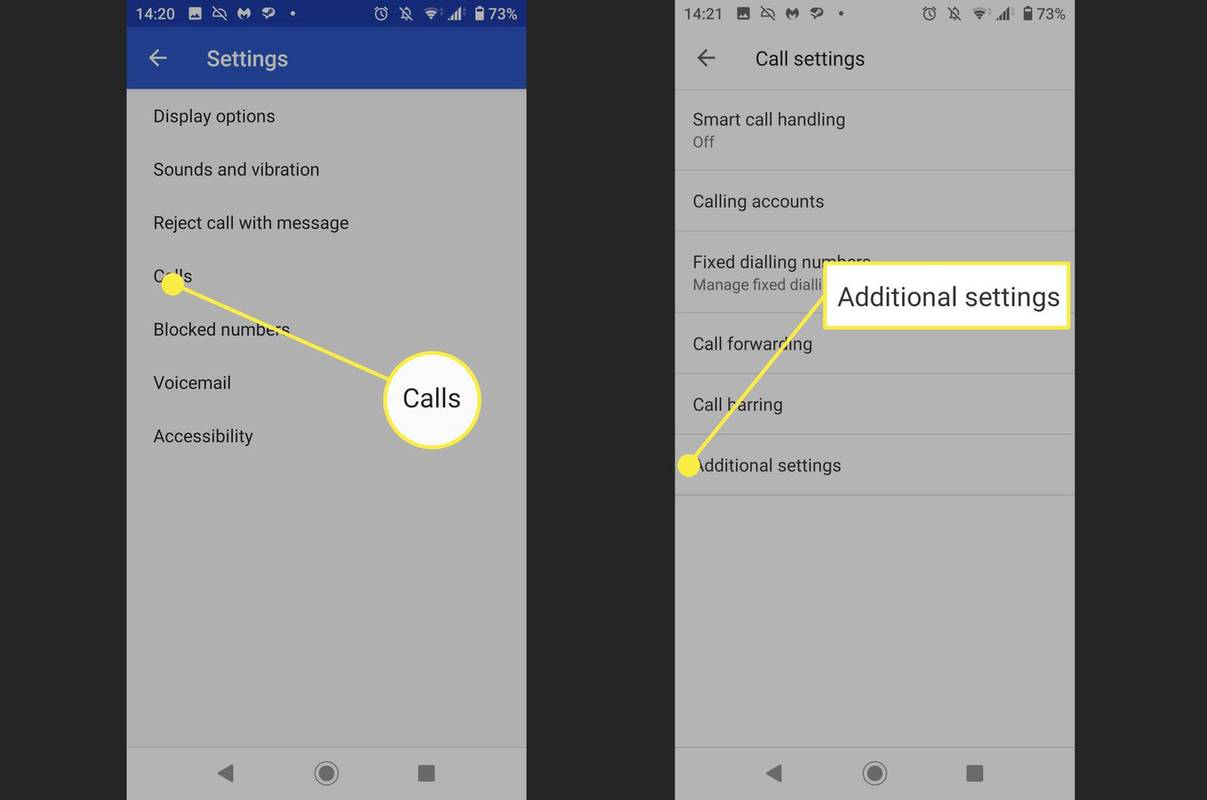 Zrzuty ekranu pokazujące, gdzie znaleźć dodatkowe ustawienia w aplikacji Telefon na Androidzie.