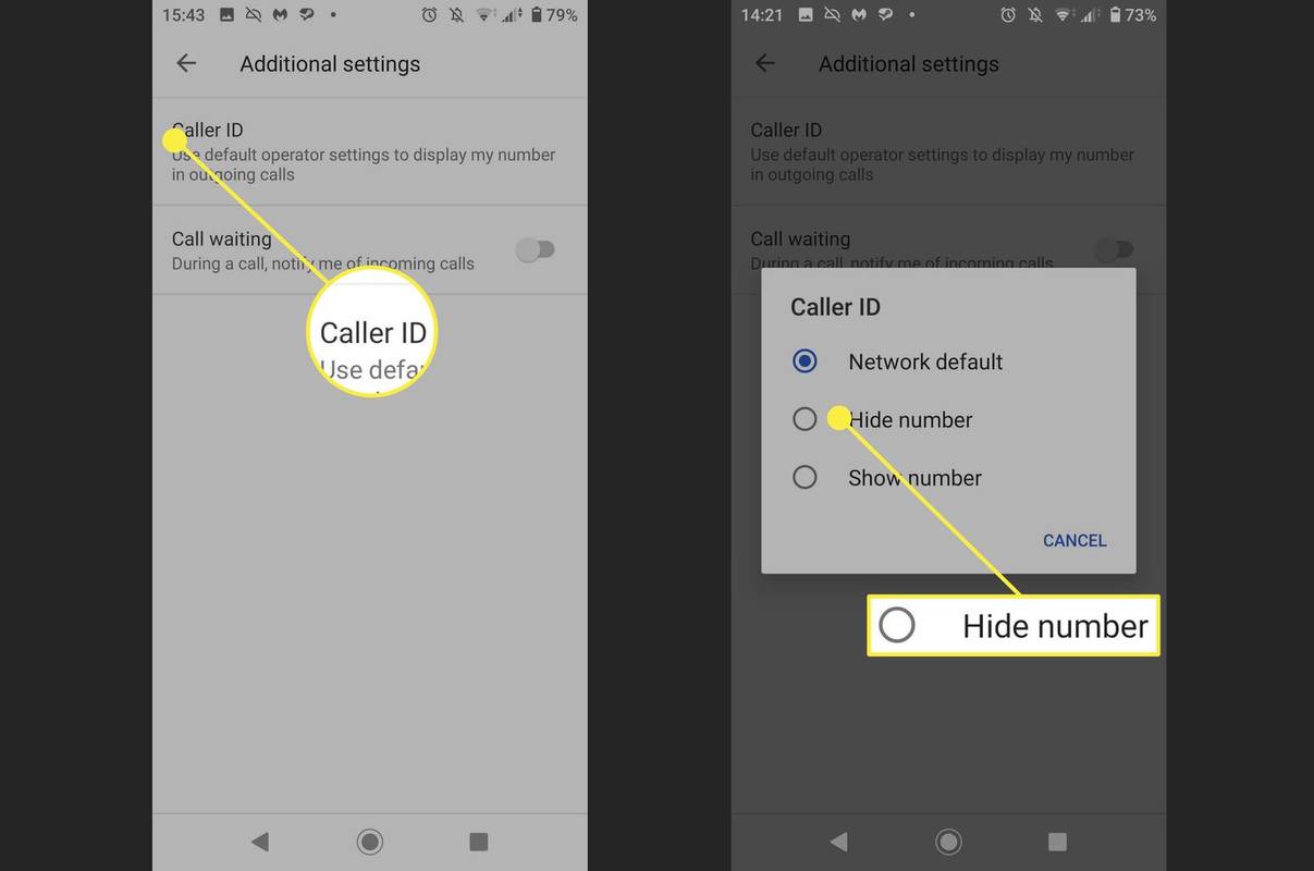 Zrzuty ekranu pokazujące, gdzie można znaleźć opcję ukrycia numeru telefonu na telefonie z Androidem.