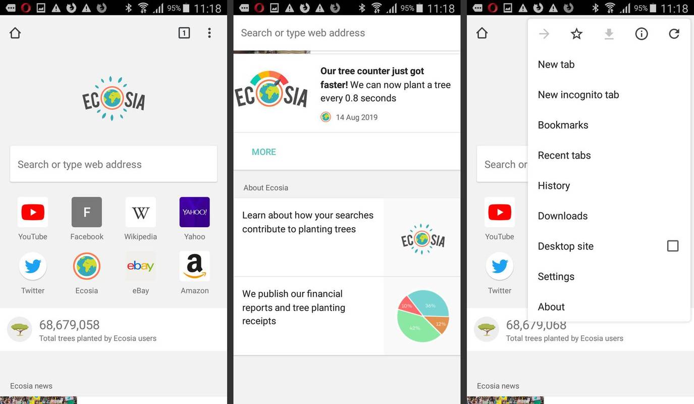 Snímky obrazovky aplikácie webového prehliadača Ecosia