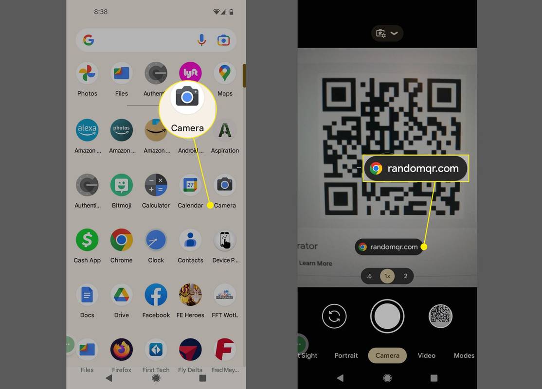 Kamera-sovellus ja QR-koodin ponnahdusikkuna Androidissa