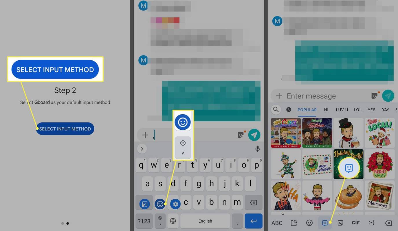 GBoard uygulamasında giriş yöntemini, Virgül+Smiley tuşunu ve Smiley simgesini ve Samsung Klavyede Bitmoji simgesini seçin
