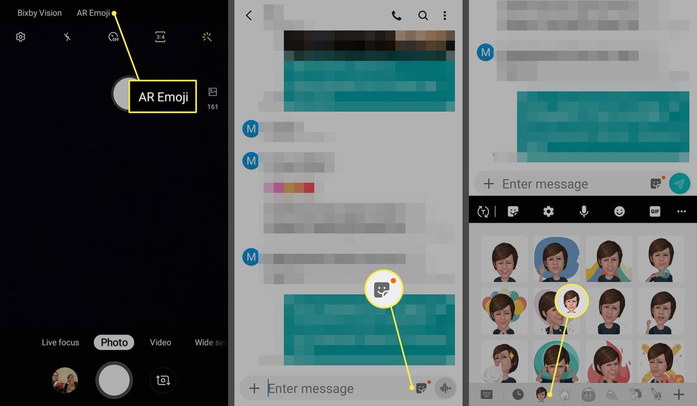 Samsung Kamera uygulamasında AR Emoji, Samsung Klavyede Etiket simgesi ve Samsung AR Emoji seçenekleri