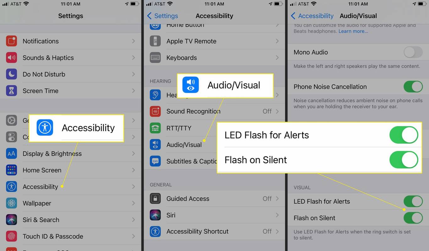 アクセシビリティ、オーディオ/ビジュアル、LED フラッシュ アラートが強調表示された iPhone 設定