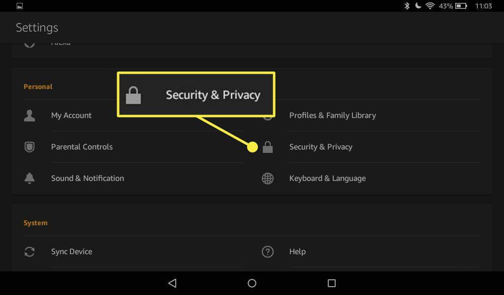 Configurações do Kindle Fire com a opção Segurança e Privacidade destacada.