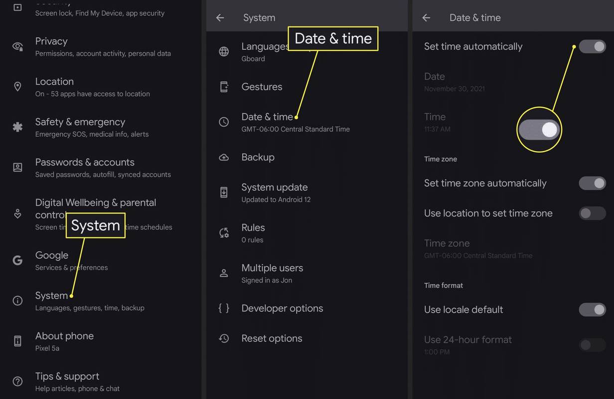 Sistem, Tarikh & Masa, Tetapkan masa bertukar secara automatik dalam tetapan Android