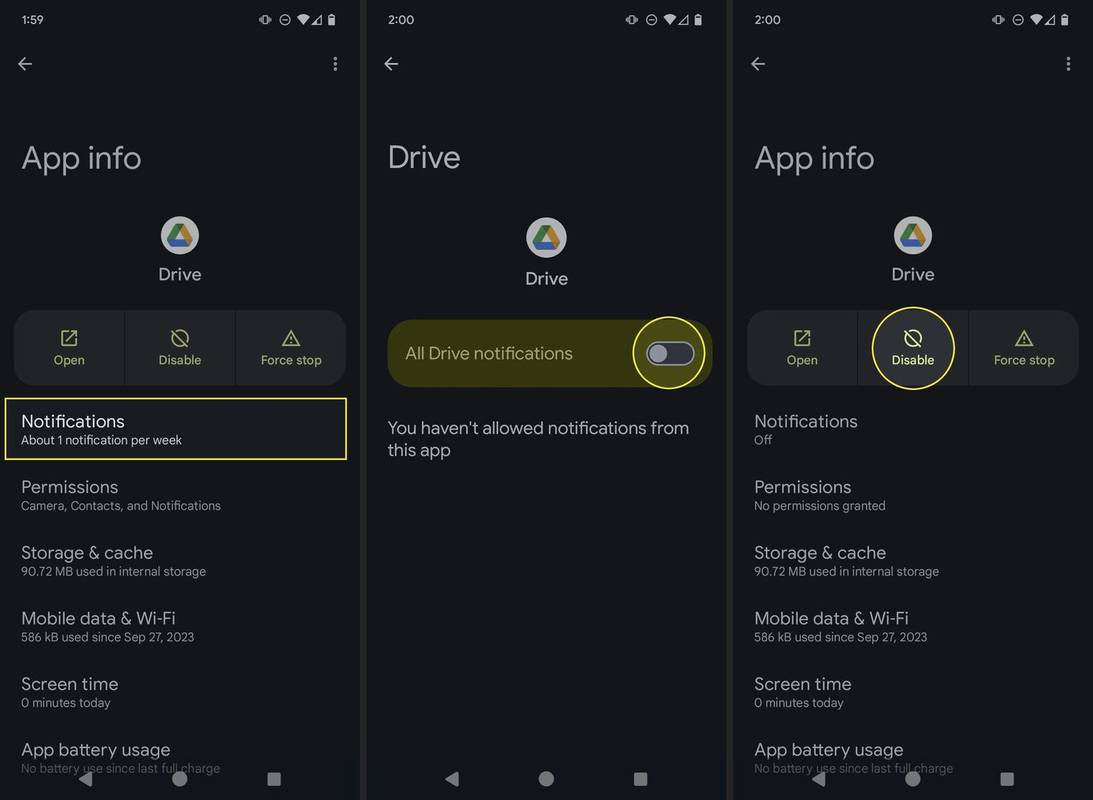 Ilmoitukset, ilmoitusten vaihto ja Poista käytöstä korostettuna Android Drive -sovelluksen asetuksissa.