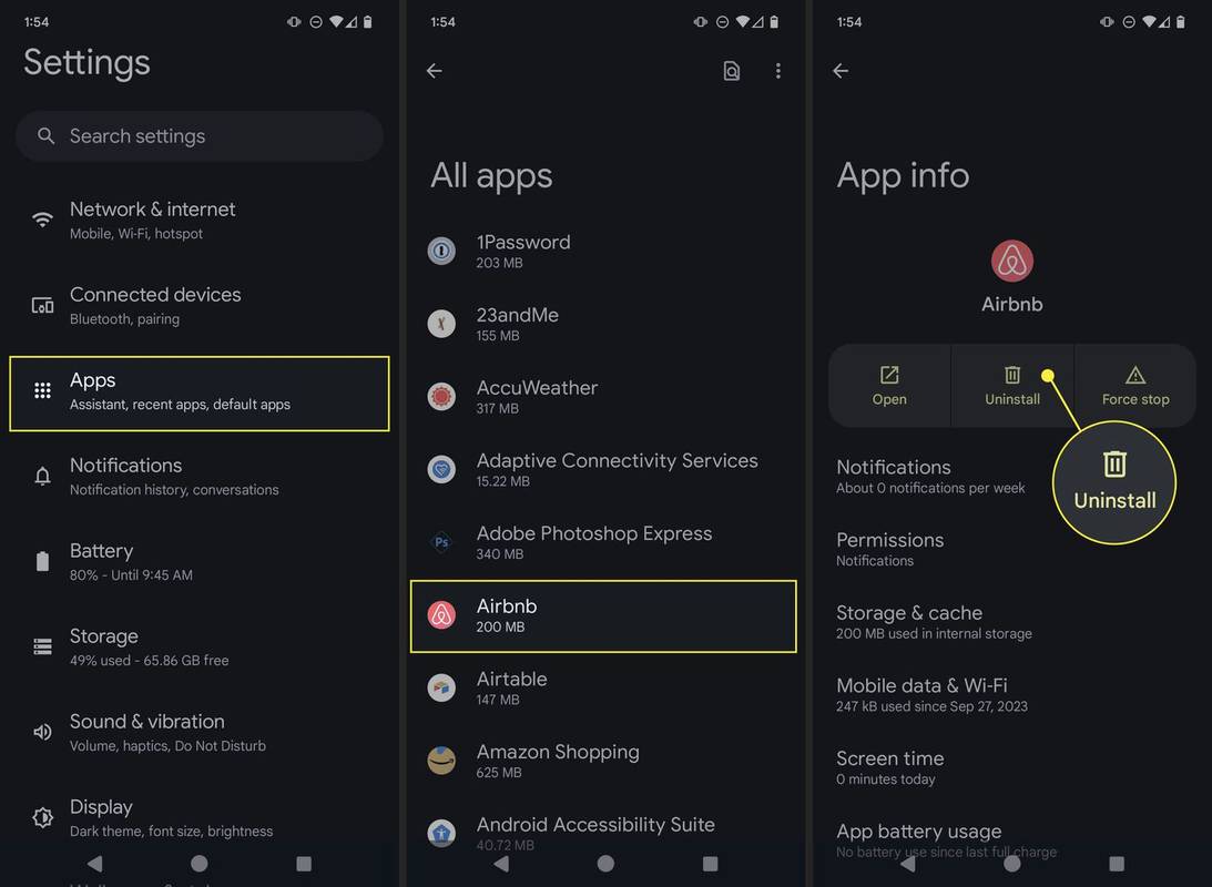 Aplikacije, Airbnb i Deinstalacija istaknute u Postavkama na Pixel telefonu.