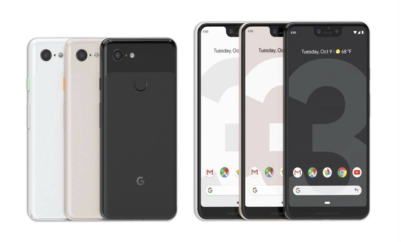 Телефоны Pixel 3 и Pixel 3 XL спереди и сзади рядом.