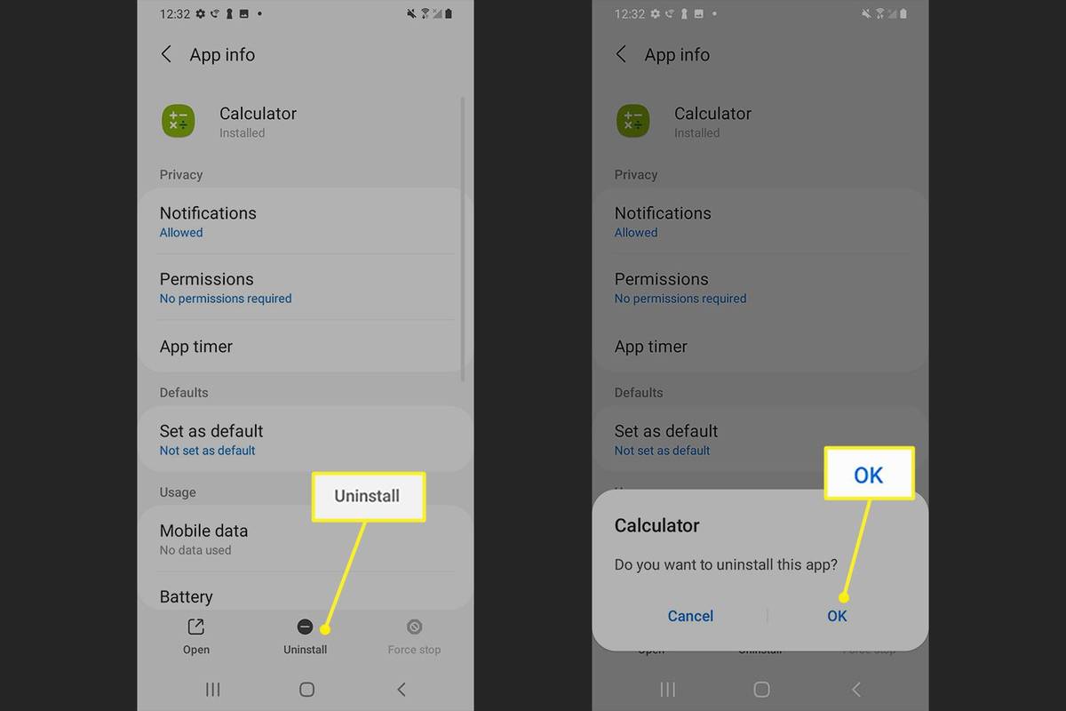 Aplikace pro Android označená jako Odinstalovat a potvrdit