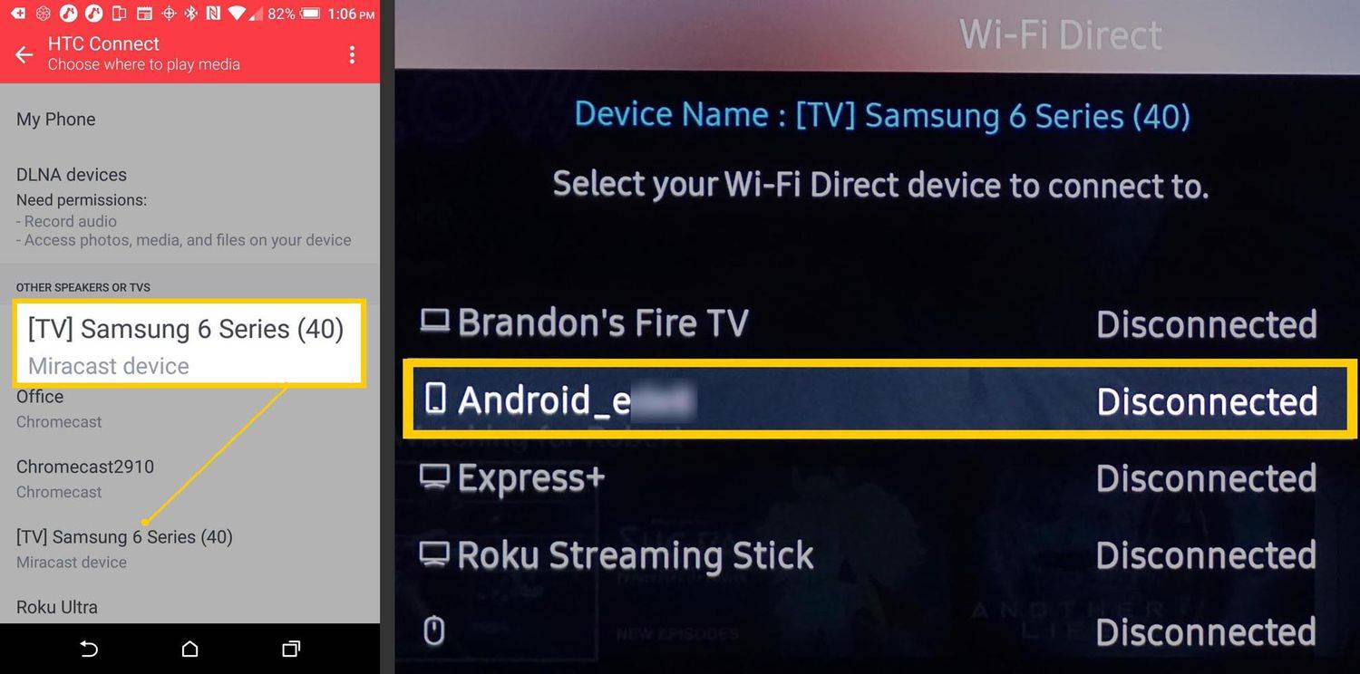 Phản chiếu màn hình điện thoại Android HTC One và TV Samsung Bước hai