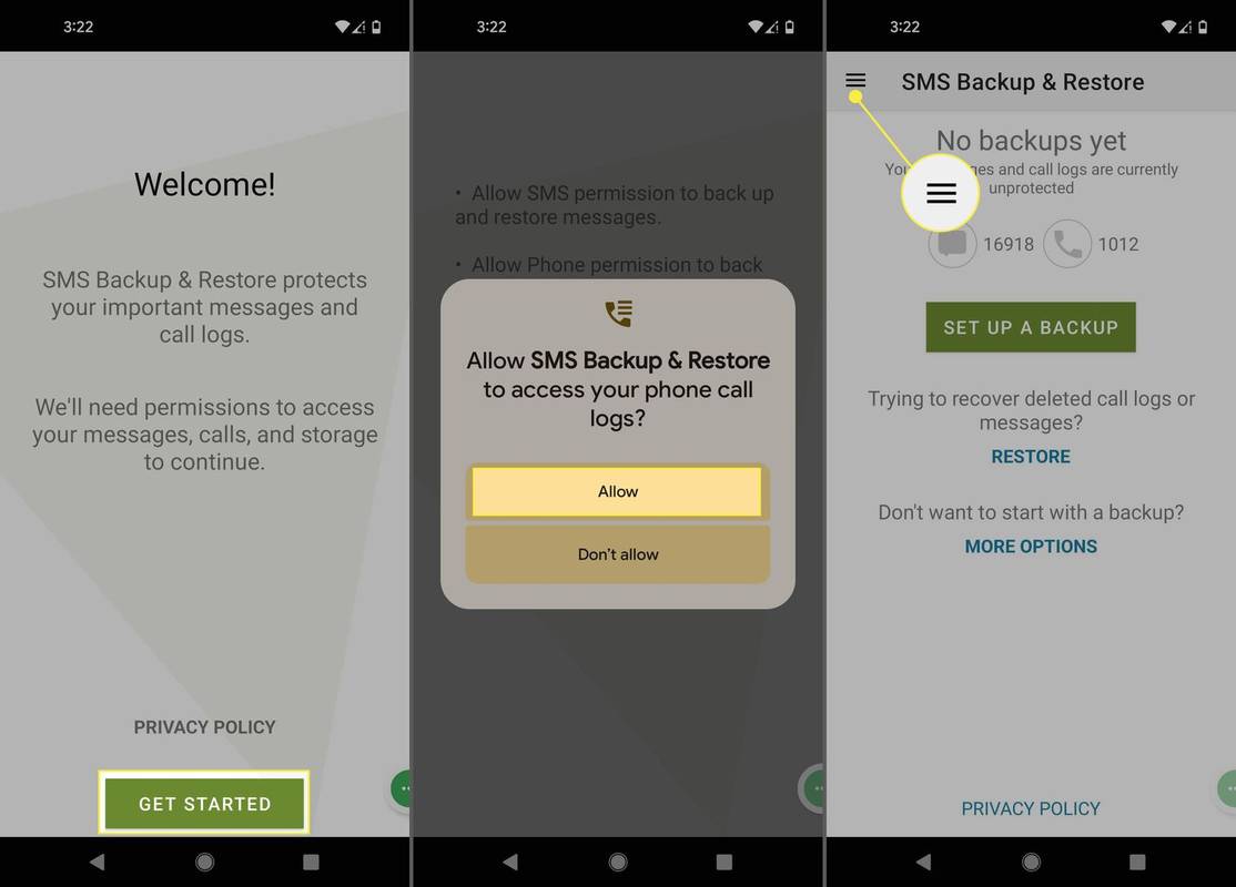 Kom igång, Tillåt och menyikonen markerad i SMS Backup and Restore för Android.