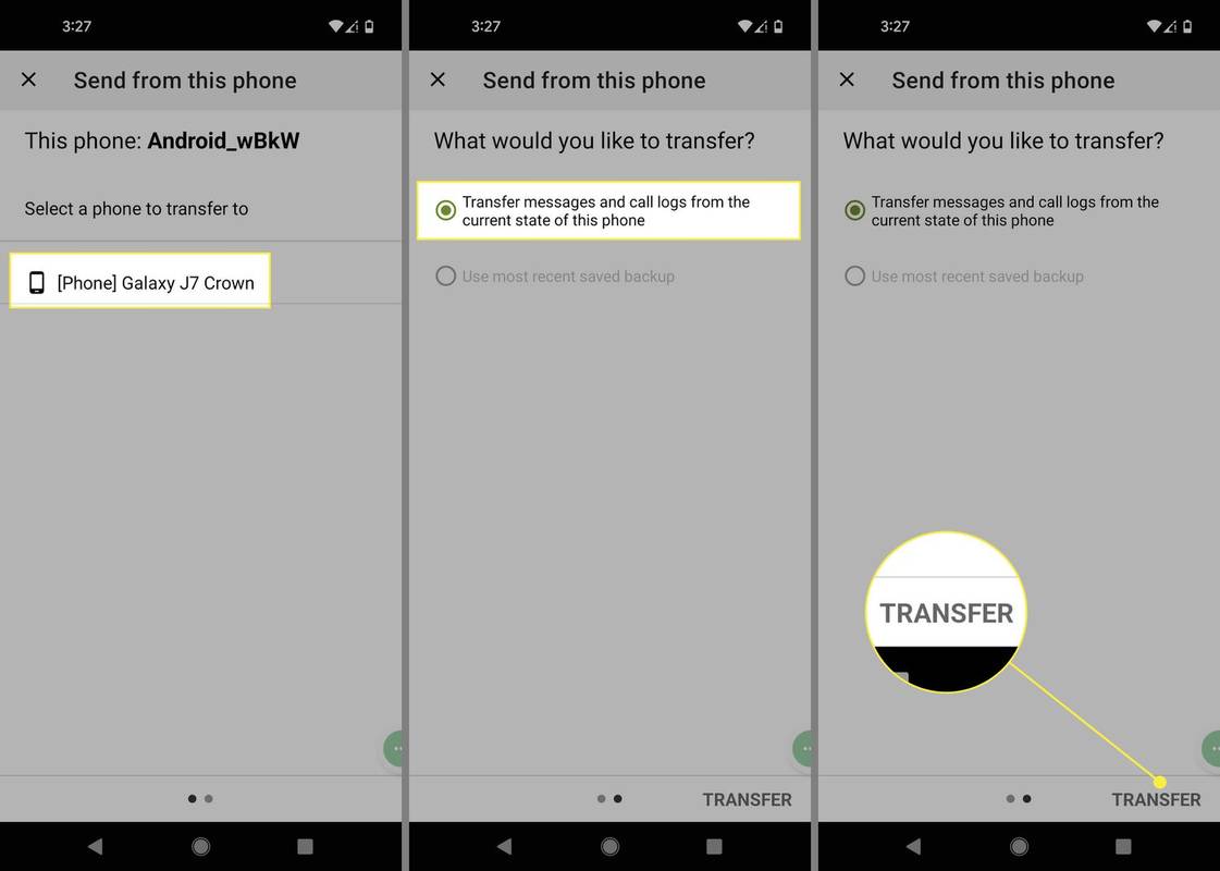 Telefon Galaxy J7 Crown, Transfer messages veksle, og Transfer uthevet i SMS Backup and Restore for Android.