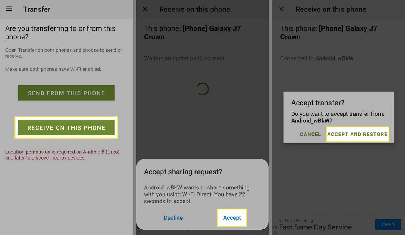 Получите на этом телефоне кнопки «Принять» и «Принять и восстановить», выделенные в разделе «Резервное копирование и восстановление SMS для Android».