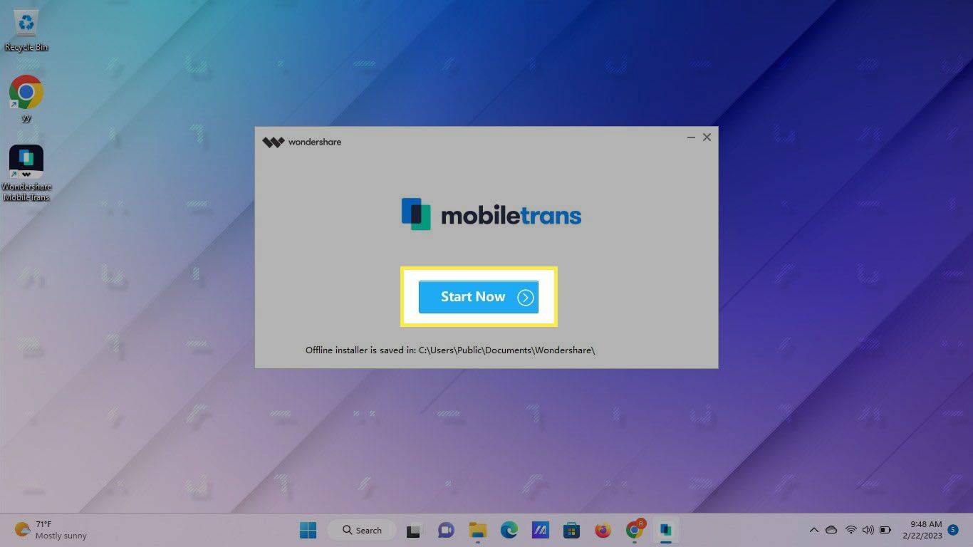 Start nu gemarkeerd in de Mobiletrans-app voor Windows.