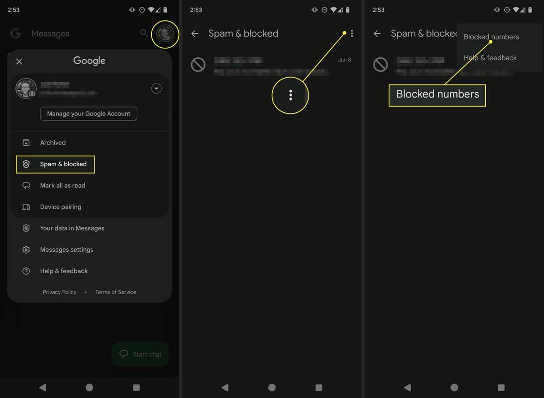 Spam i zablokowane, menu Więcej i Zablokowane numery w aplikacji Wiadomości na Androida