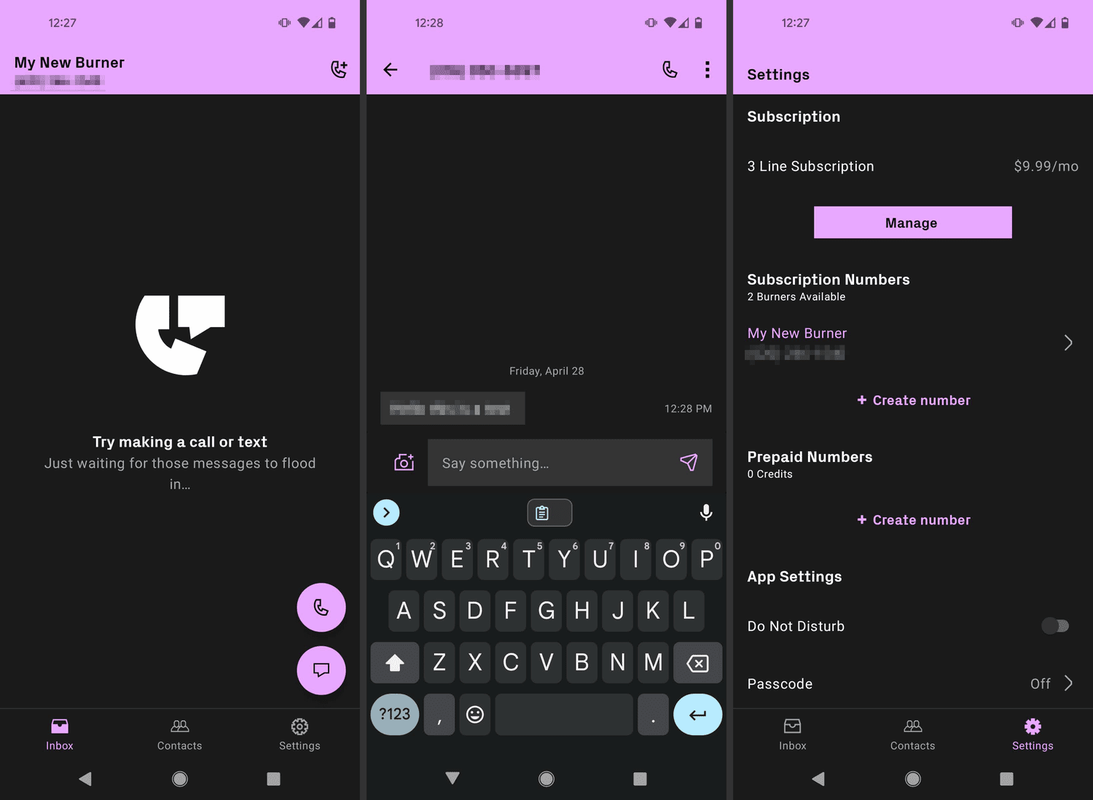Aplikácia Burner na odosielanie textových správ pre Android