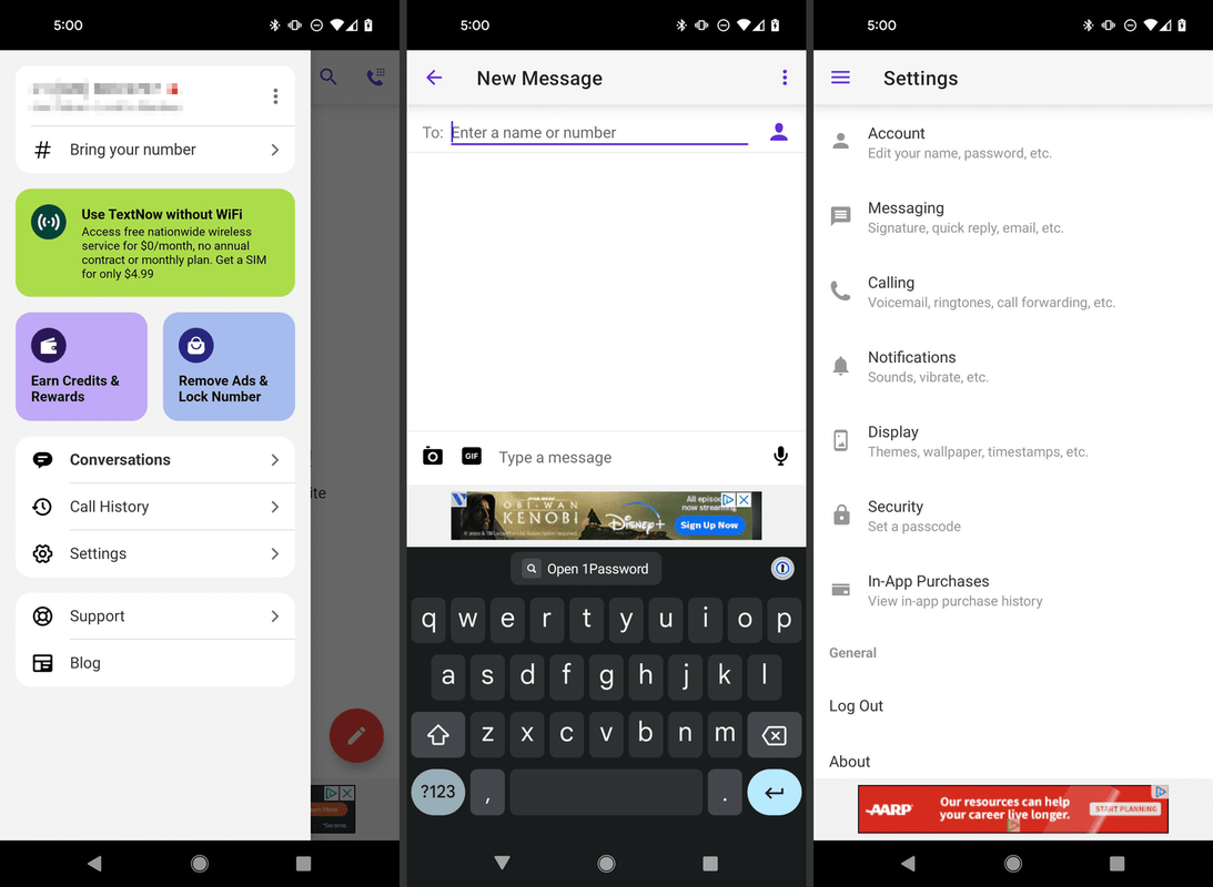 Textnow Android 앱 새 메시지 및 설정 화면