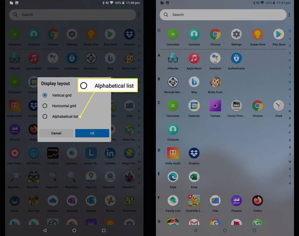 Daftar abjad dalam pop-up tata letak Tampilan di layar beranda Android