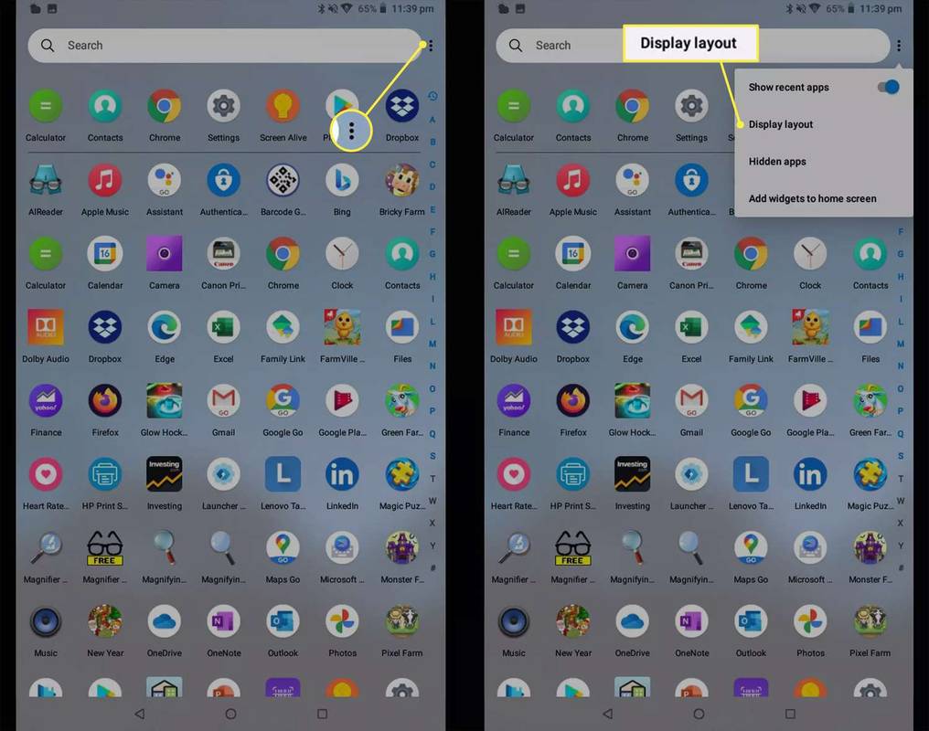 Android sākuma ekrānā ir izcelta ikona Vairāk un displeja izkārtojums
