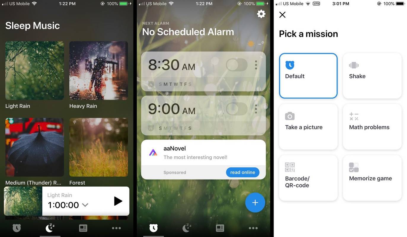 Screenshots für die Alarmy-App.