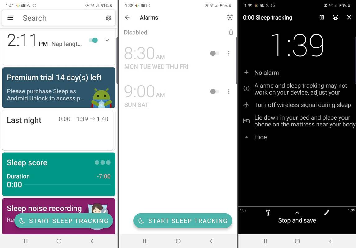 Snimke zaslona aplikacije Sleep as Android.