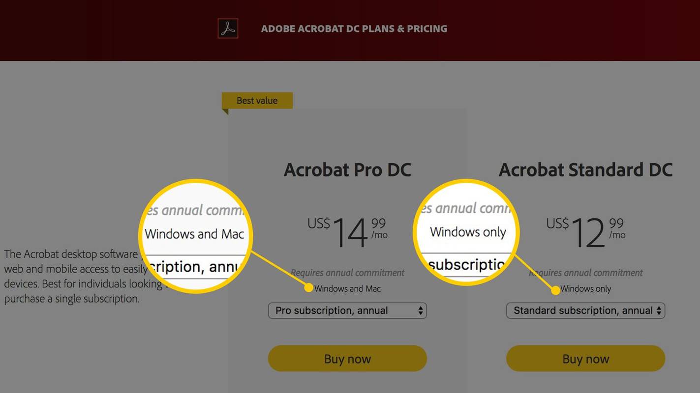 Komentovaná snímka obrazovky stránky na stiahnutie aplikácie Adobe Acrobat demonštrujúca možnosti sťahovania operačného systému Windows vs