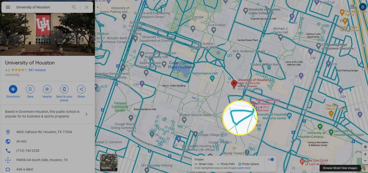 Google मानचित्र - सड़क दृश्य देखने के लिए नीले हाइलाइट का चयन करें