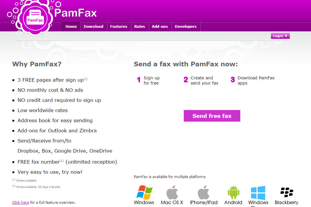 Serviço de fax on-line gratuito PamFax