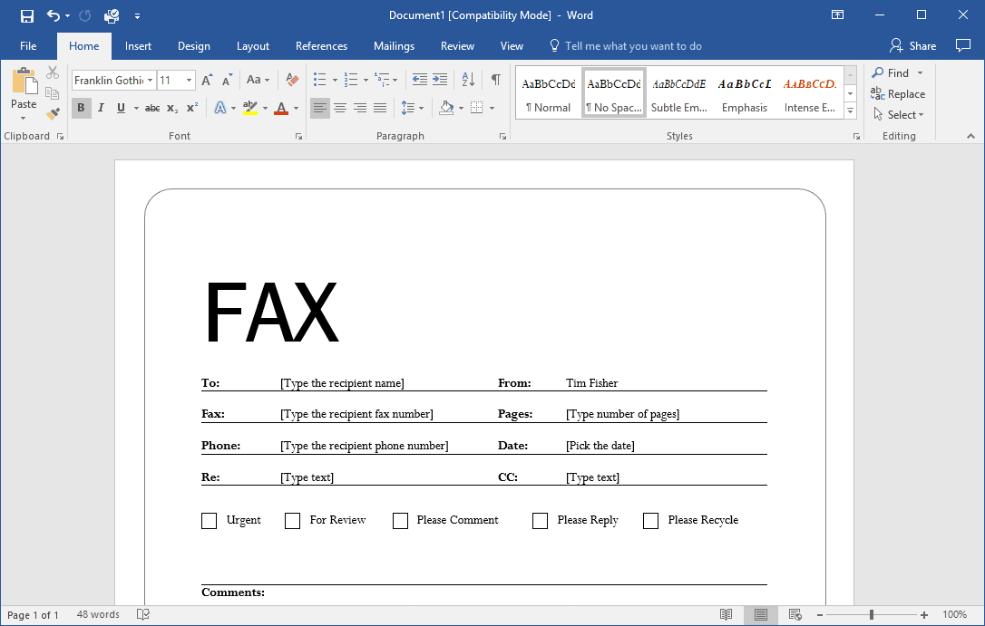 Шаблон факса в Microsoft Word