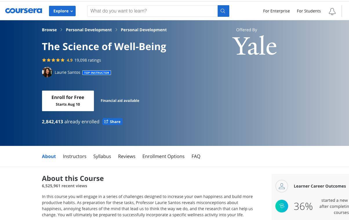 หลักสูตร Coursera เกี่ยวกับวิทยาศาสตร์แห่งความเป็นอยู่ที่ดี เสนอโดย Yale