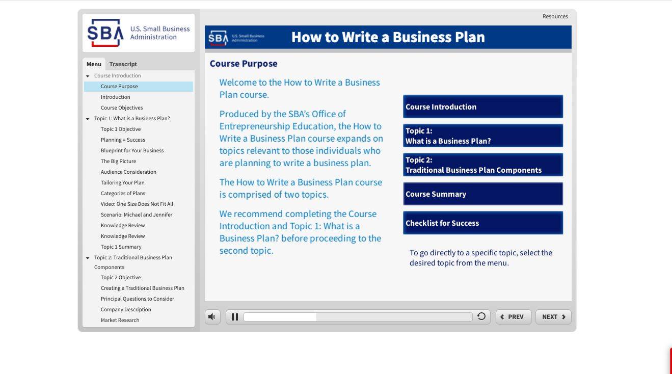 SBA 학습 센터에서 사업 계획 과정 목록 및 설명을 작성하는 방법