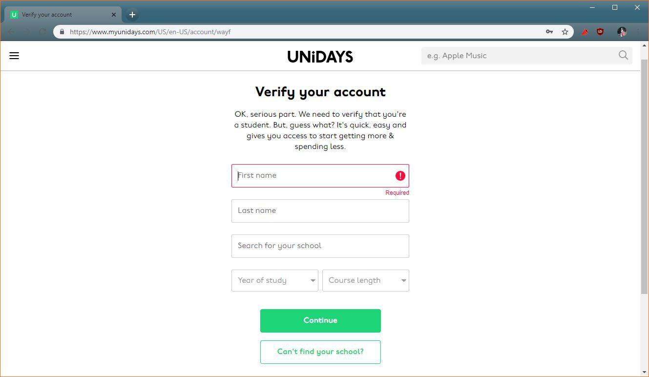 Unidays registreringsprocess genom att ange ditt skolnamn