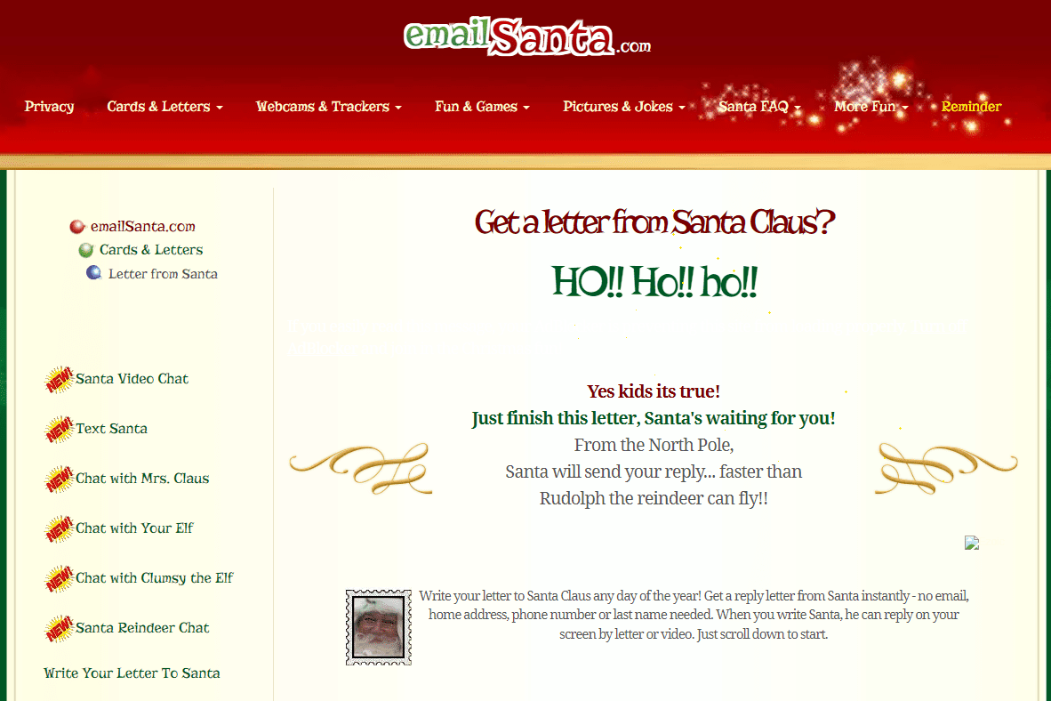 Webová stránka Email Santa