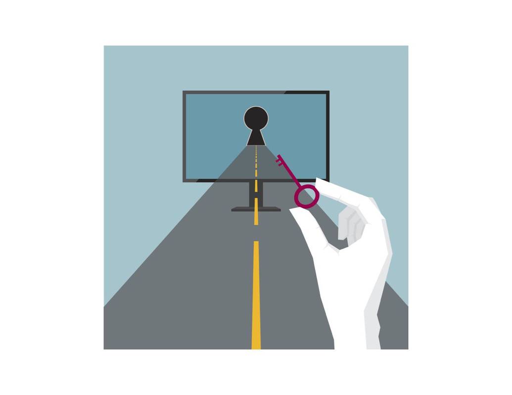 Ilustrație a drumului care duce la un computer, o mână care ține o cheie, ilustrând Google