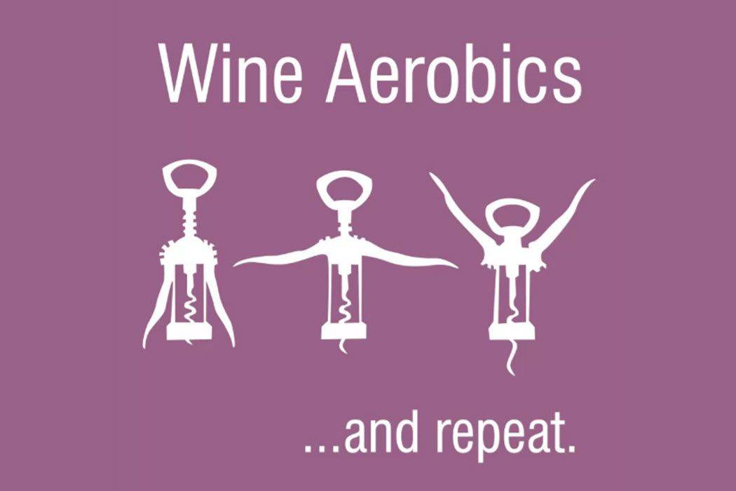 Mem o winie przedstawiający aerobik w winie – jak używać otwieracza do wina.